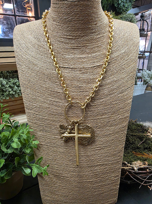 Gold 3-Charm 17in Necklace LN042