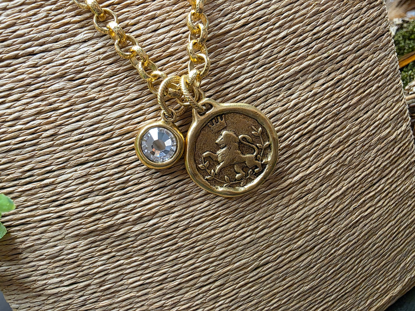 Lion Coin & Crystal Pendant Necklace LN031