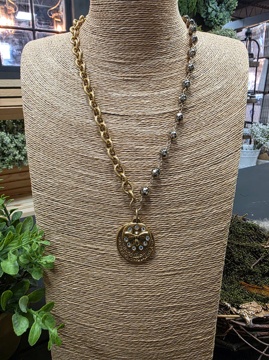 Pyrite & Gold 2-Charm Bee Necklace LN115