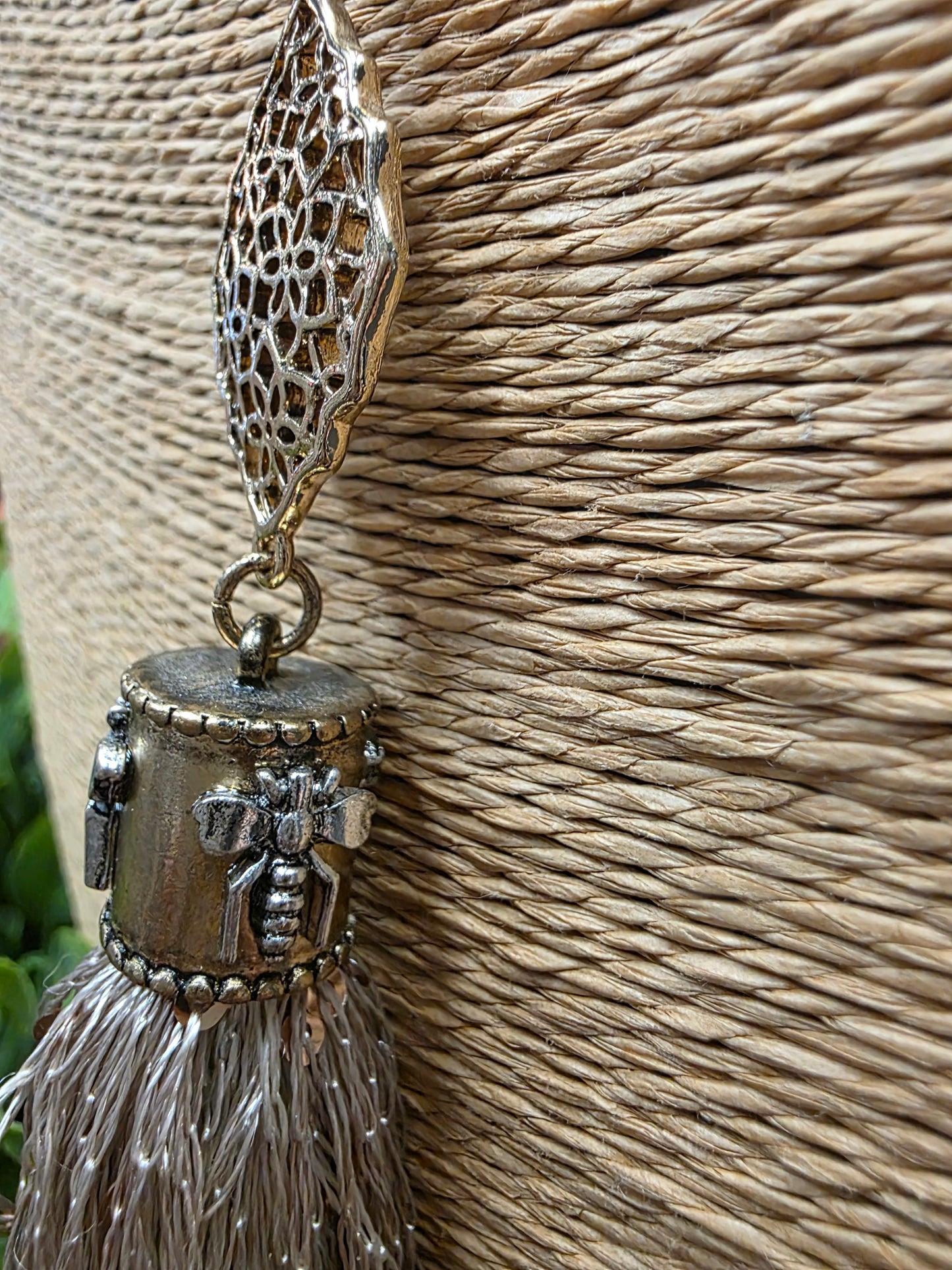 Pewter Bee Silver Tassel Necklace