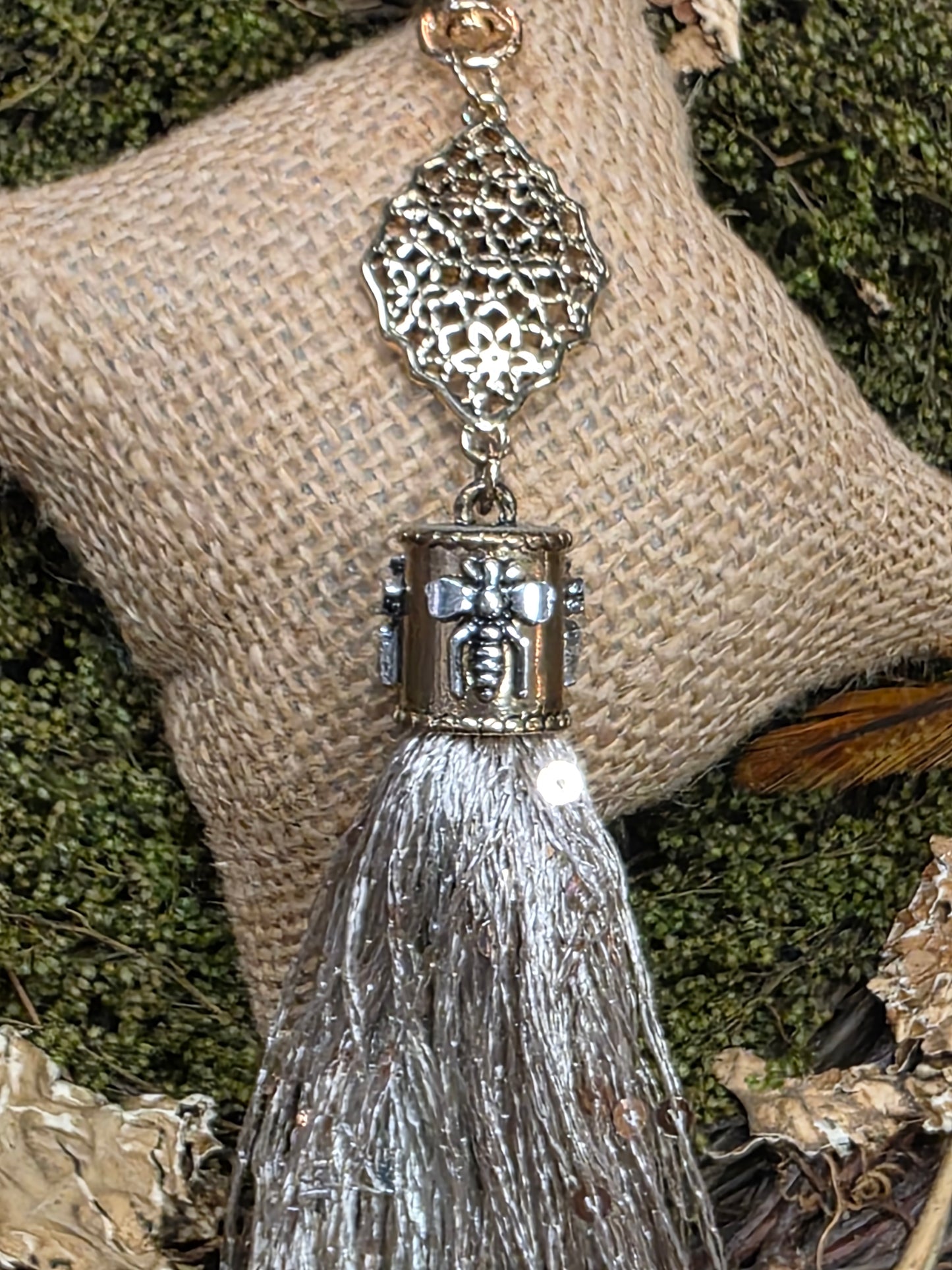 Pewter Bee Silver Tassel Necklace