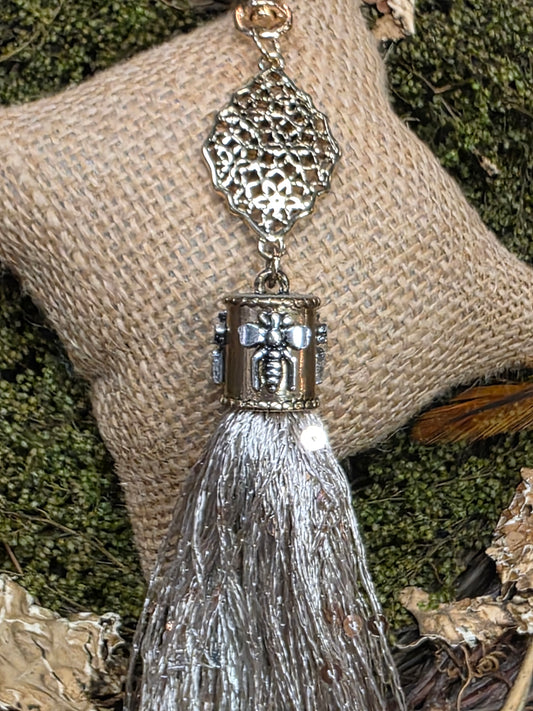 Pewter Bee Silver Tassel Necklace