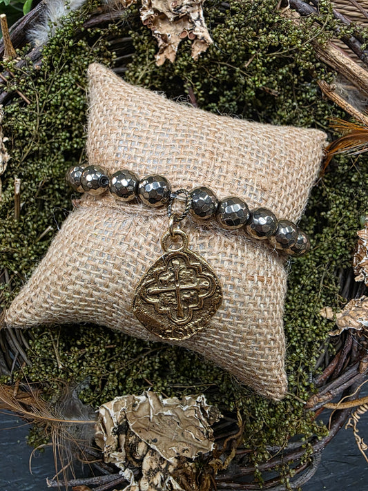 Pyrite Bracelet with Embossed Cross 1in Pendant
