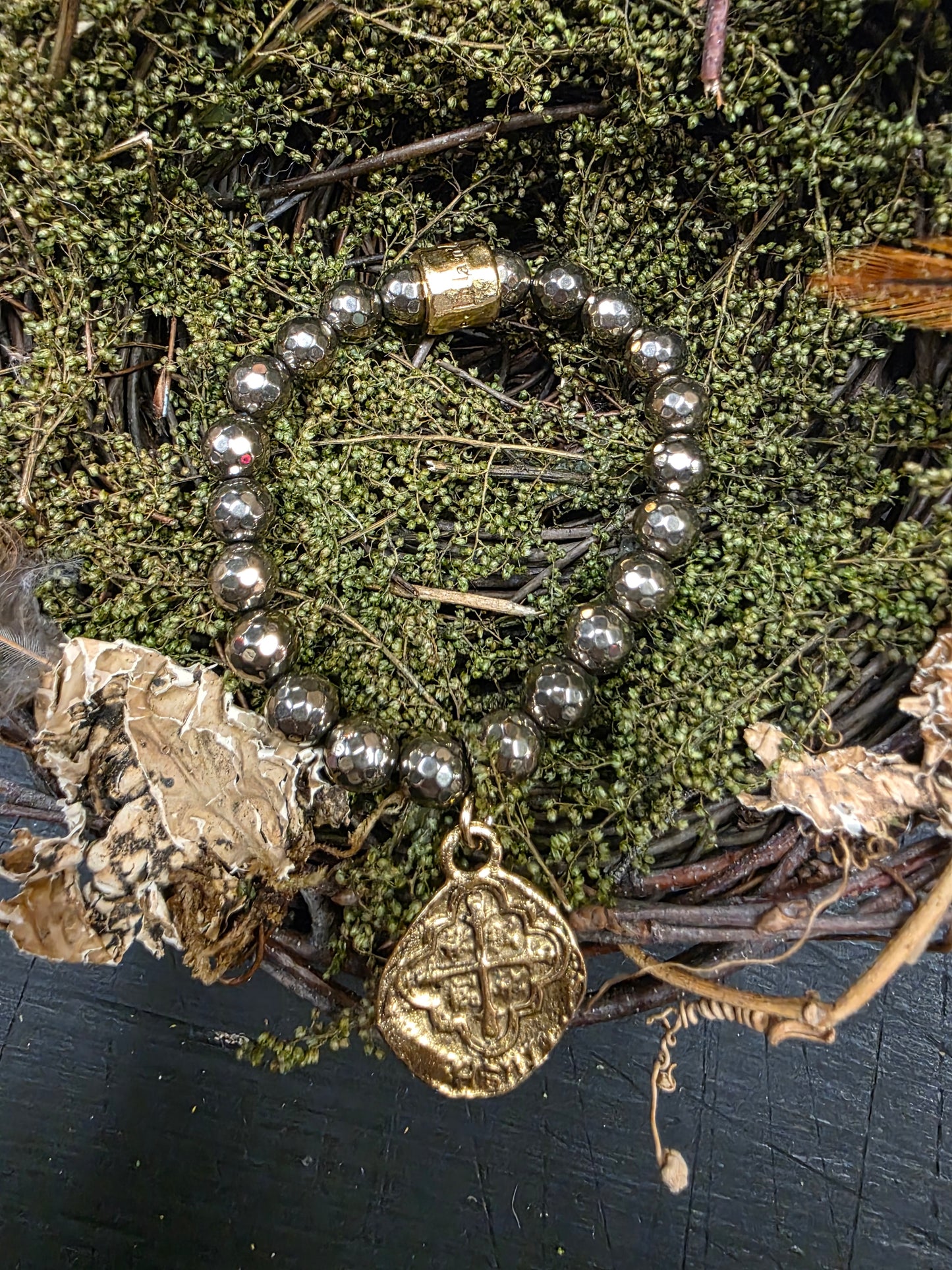 Pyrite Bracelet with Embossed Cross 1in Pendant