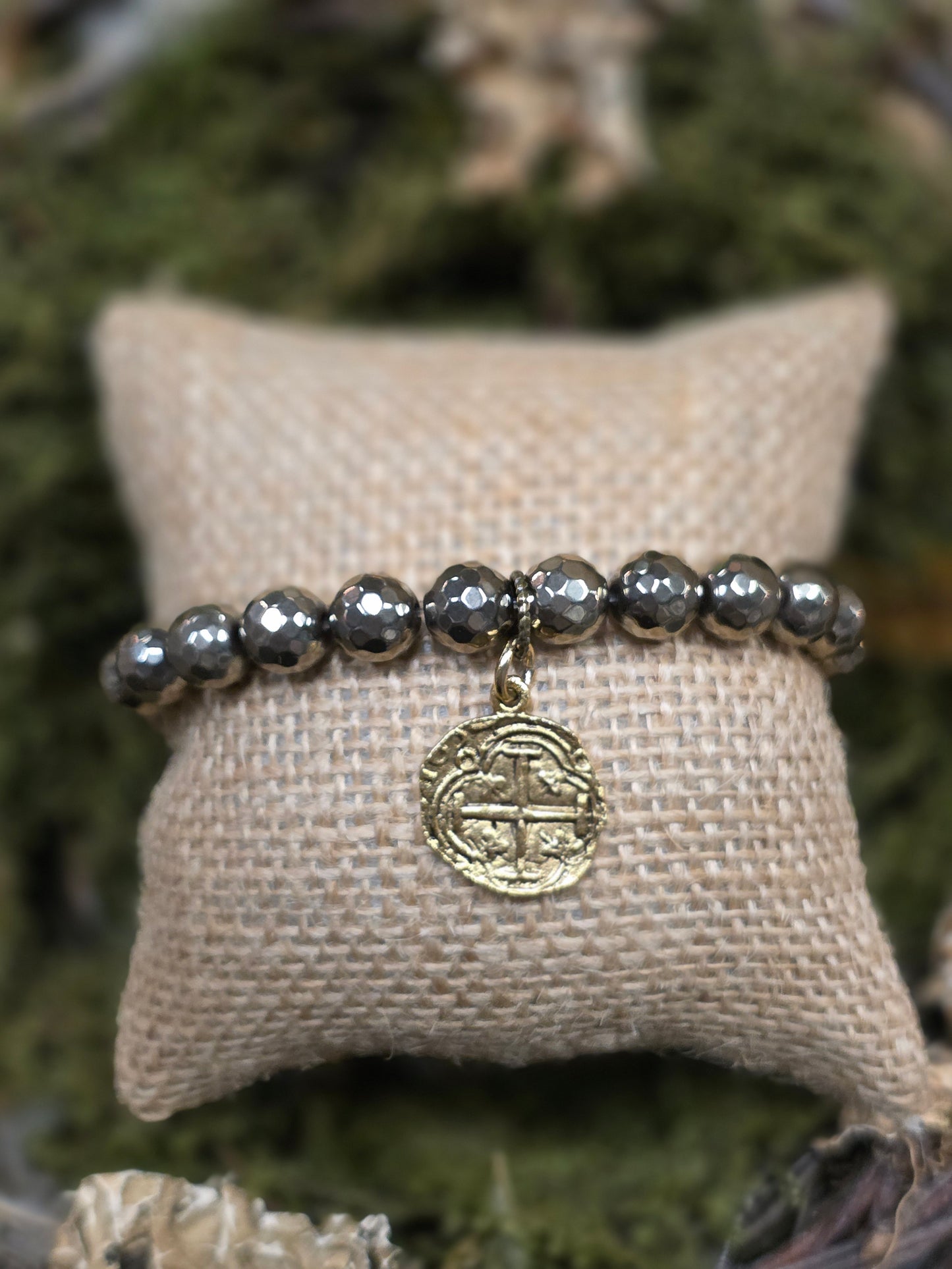 Pyrite Bracelet with Embossed Cross 1/2in Pendant