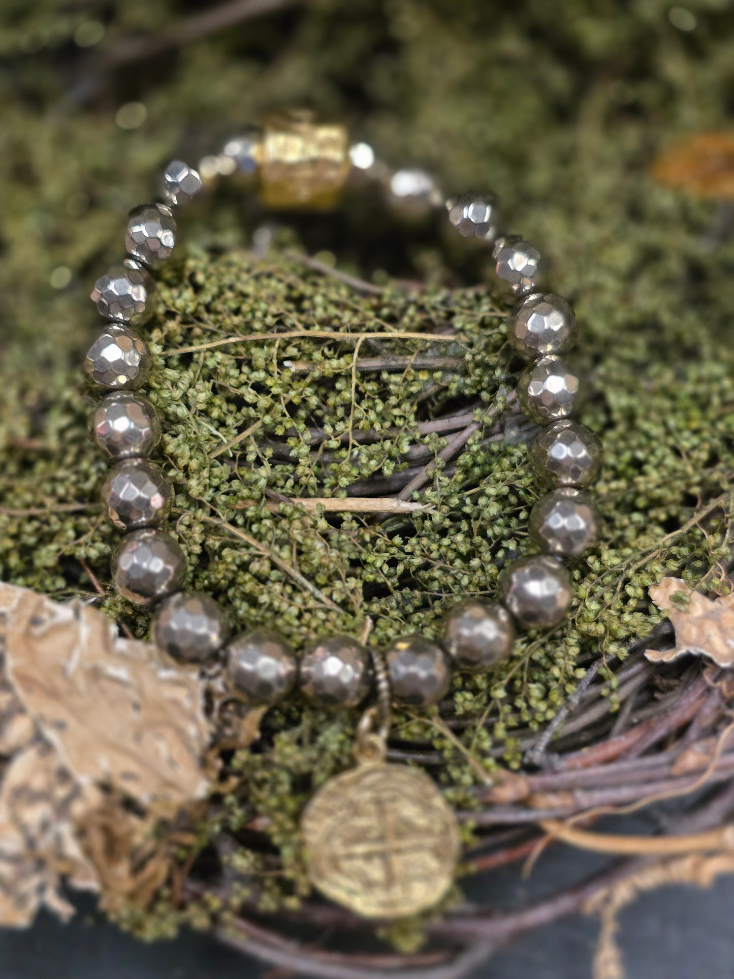 Pyrite Bracelet with Embossed Cross 1/2in Pendant