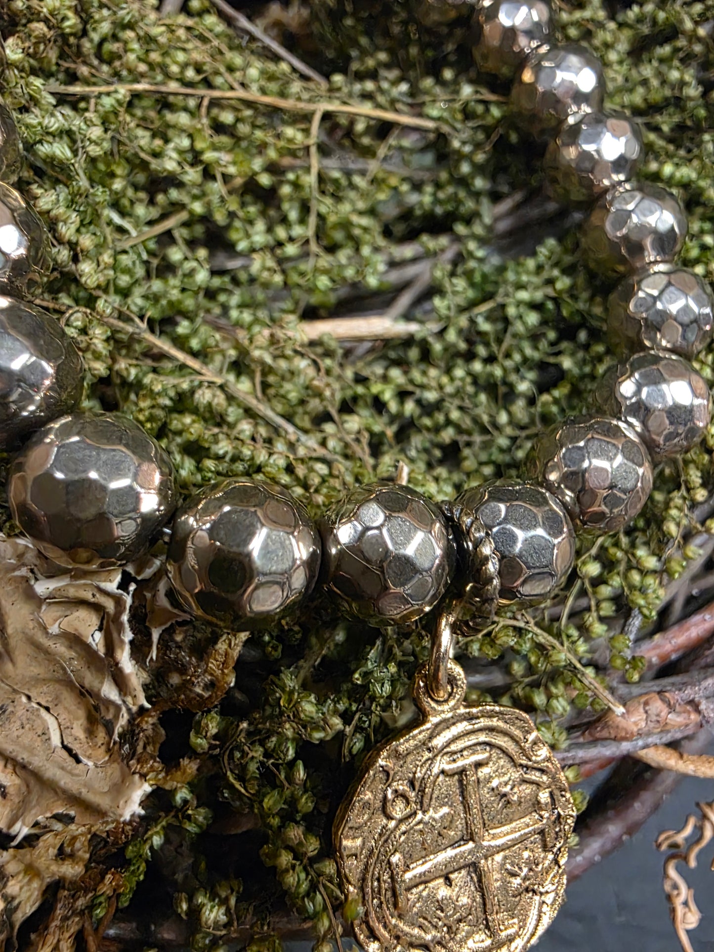 Pyrite Bracelet with Embossed Cross 1/2in Pendant