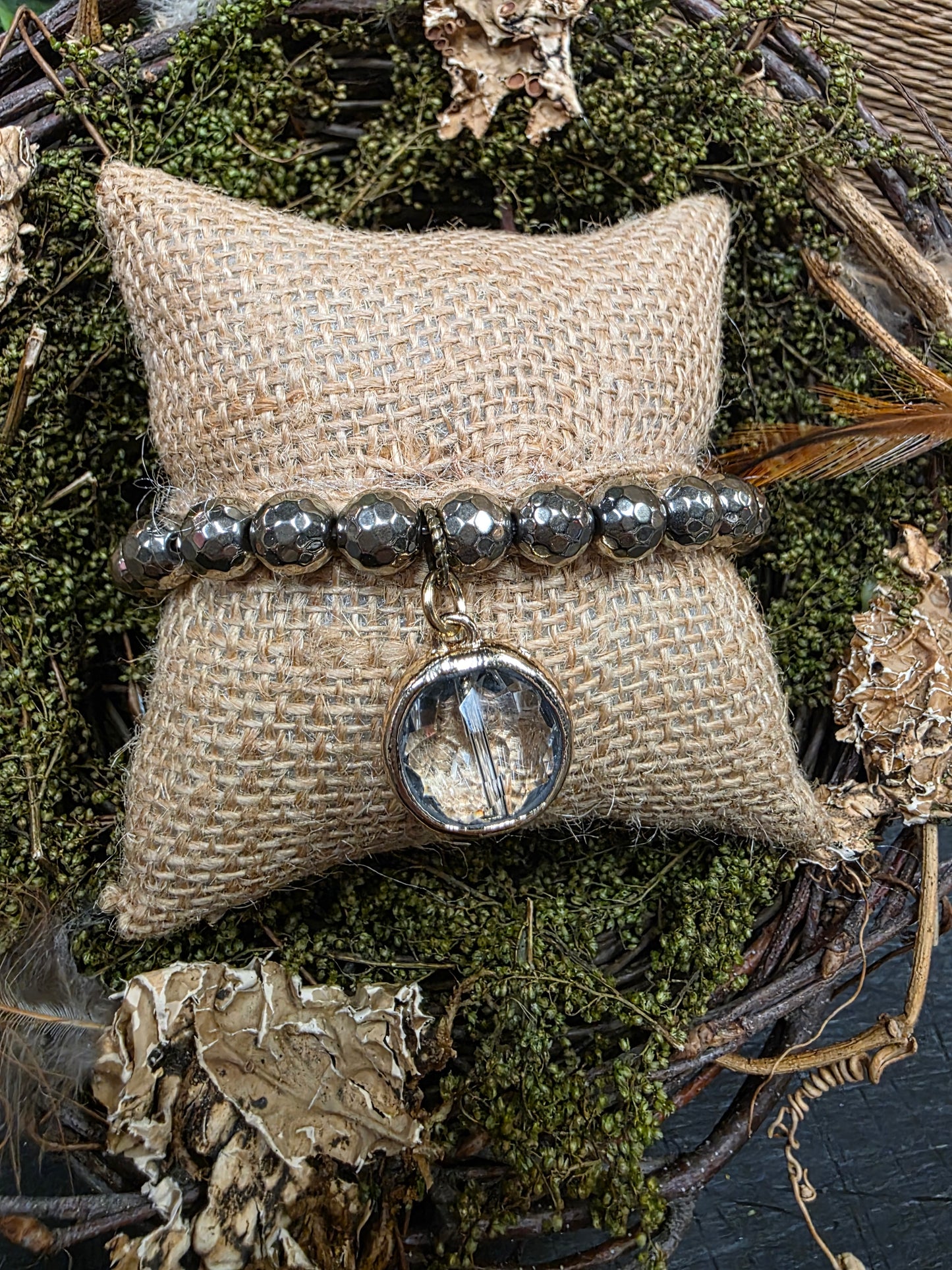 Pyrite Bracelet with Crystal 1/2in Pendant