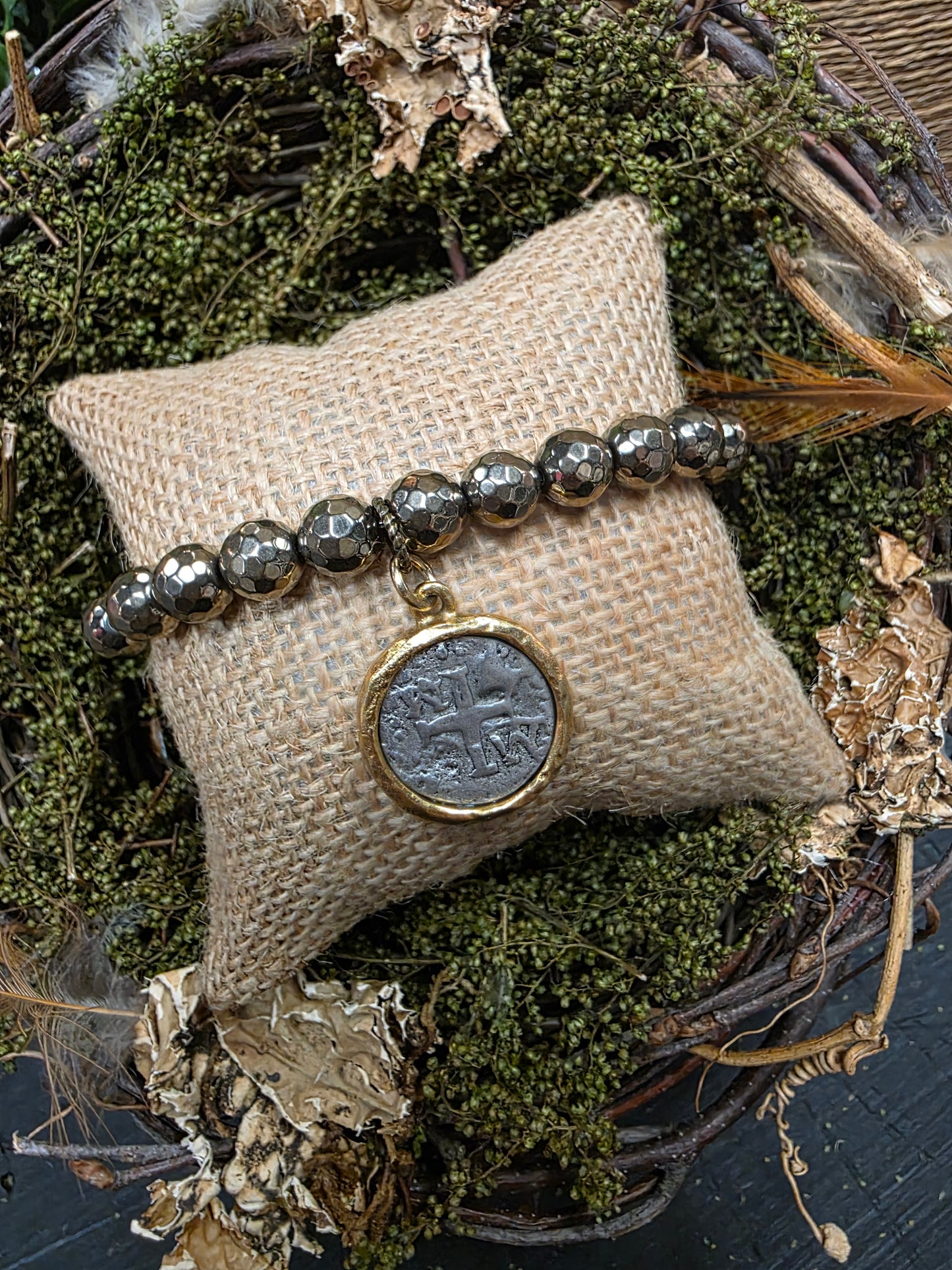 Pyrite Bracelet with Silver & Gold Round Cross 1/2in Pendant