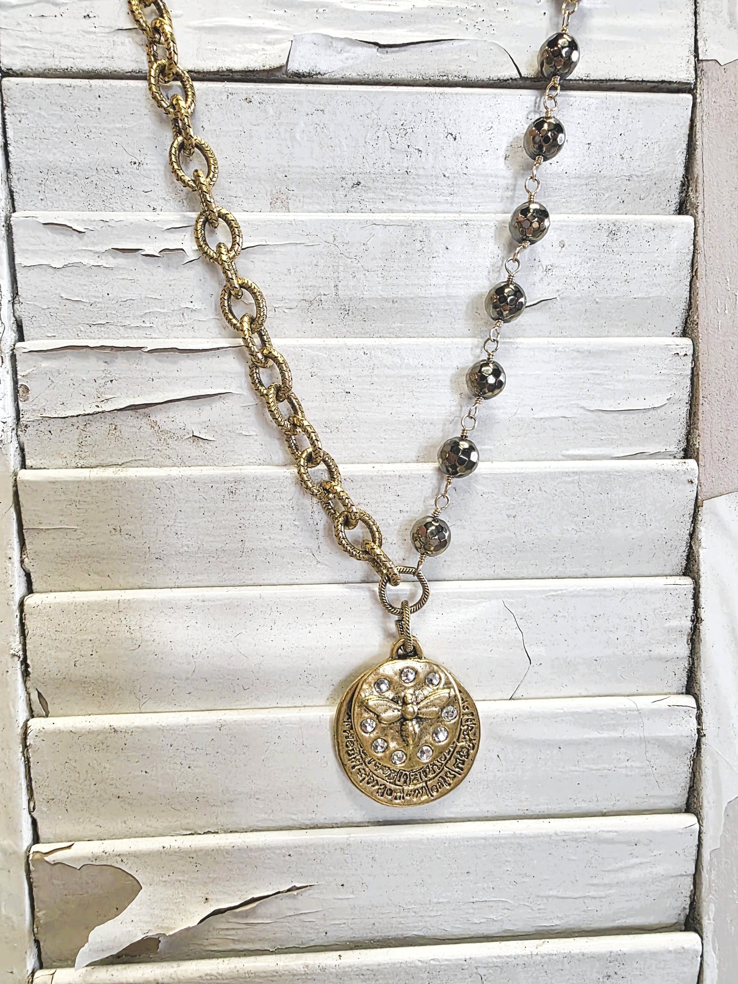 Pyrite & Gold 2-Charm Bee Necklace 24KGP LN115