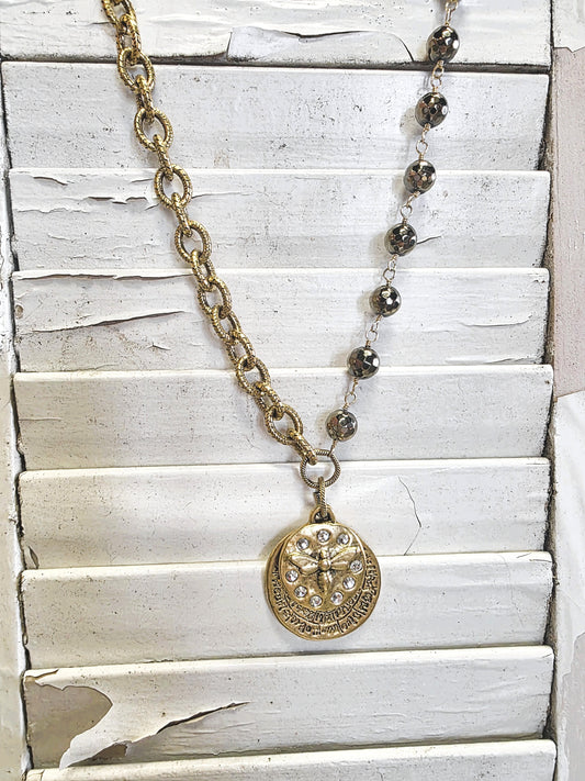 Pyrite & Gold 2-Charm Bee Necklace 24KGP LN115