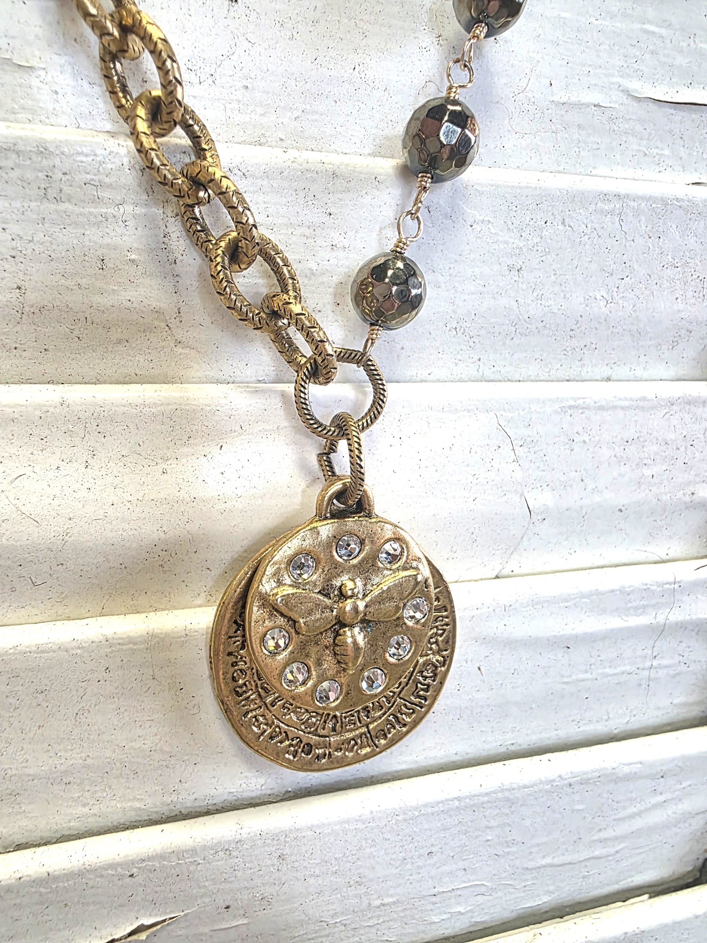 Pyrite & Gold 2-Charm Bee Necklace 24KGP LN115