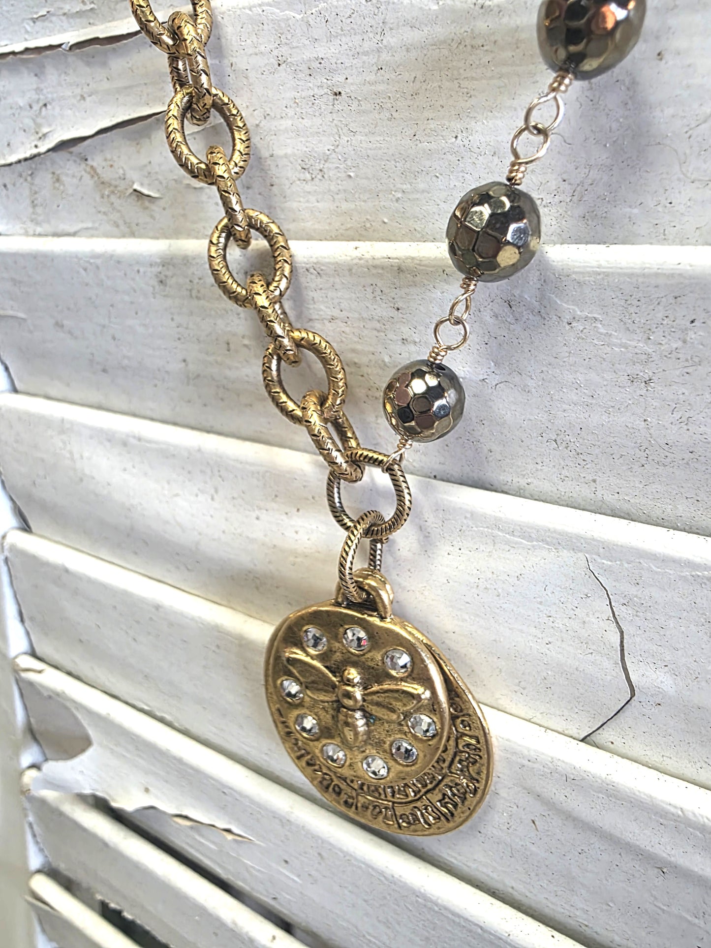 Pyrite & Gold 2-Charm Bee Necklace 24KGP LN115