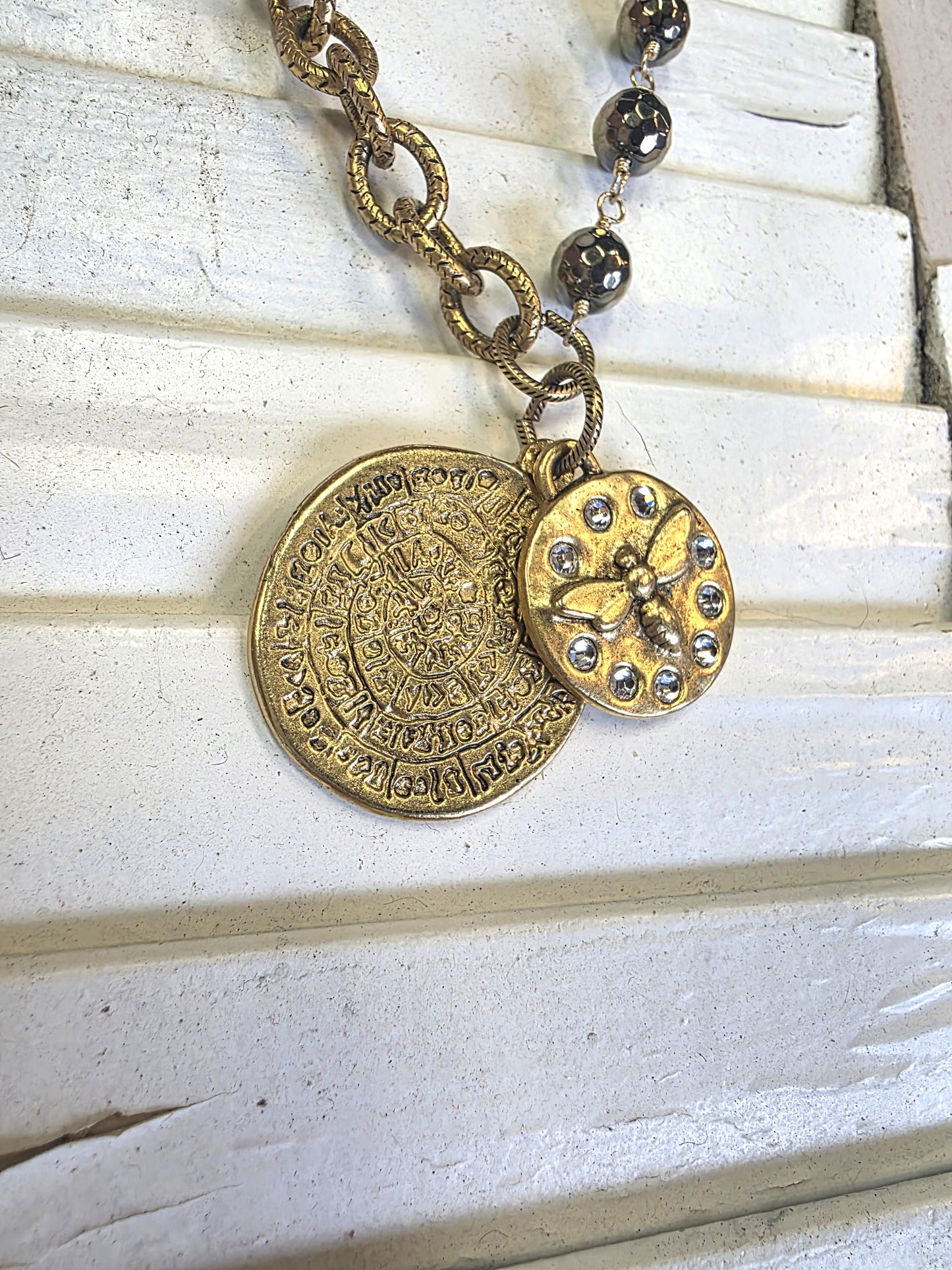 Pyrite & Gold 2-Charm Bee Necklace 24KGP LN115