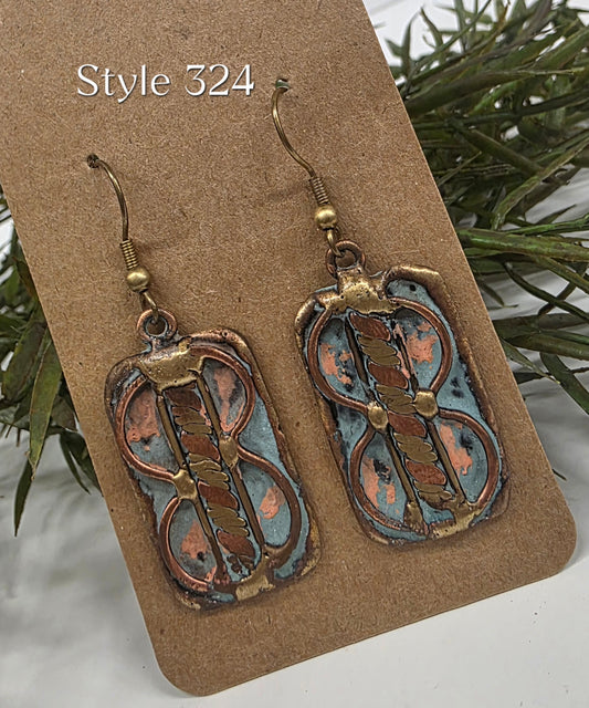 Brass Patina Blue Pink Earrings EP324