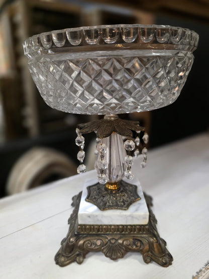 Vintage Crystal Compote Pedestal Bowl w/ Marble Base