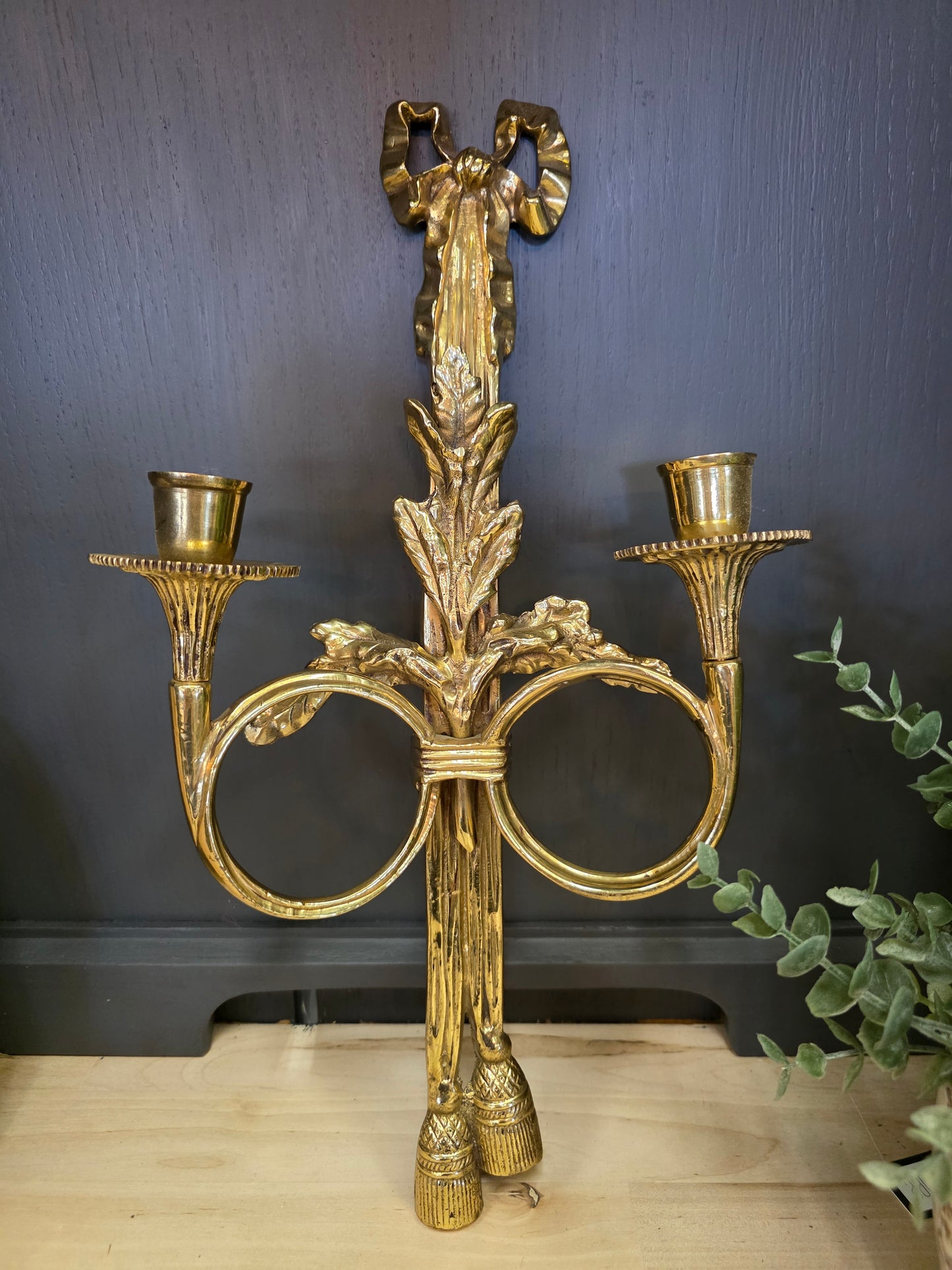 French Louis XVI Style Brass Wall Sconce With Bow & Tassel