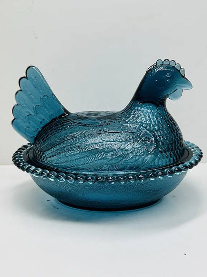 Hen on Nest Dish, Teal / Midnight Blue - Vintage Indiana Glass Co Carnival Glass