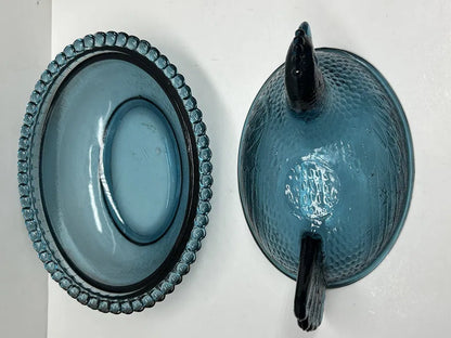 Hen on Nest Dish, Teal / Midnight Blue - Vintage Indiana Glass Co Carnival Glass