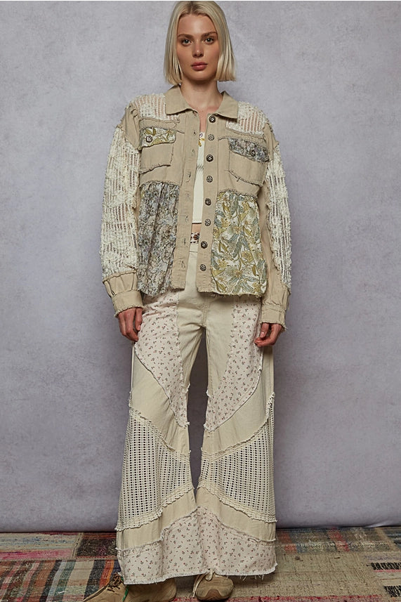 Floral Lace & Denim Shacket Powder Grey - POL