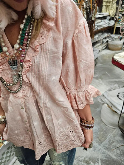 Eyelet Linen Pink Top OS - A Rare Bird