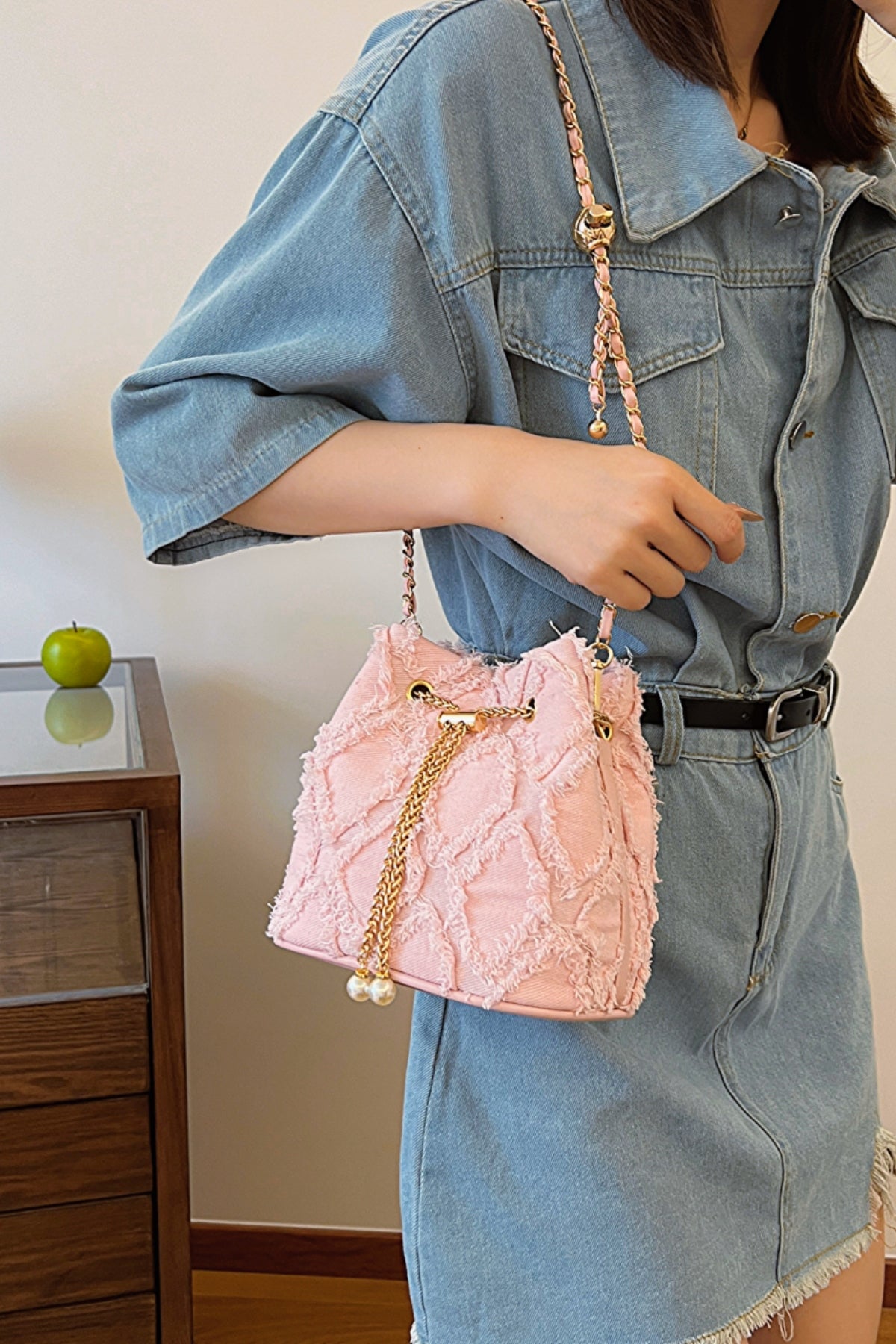 Chain Drawstring Raw Edge Denim Bucket Bag