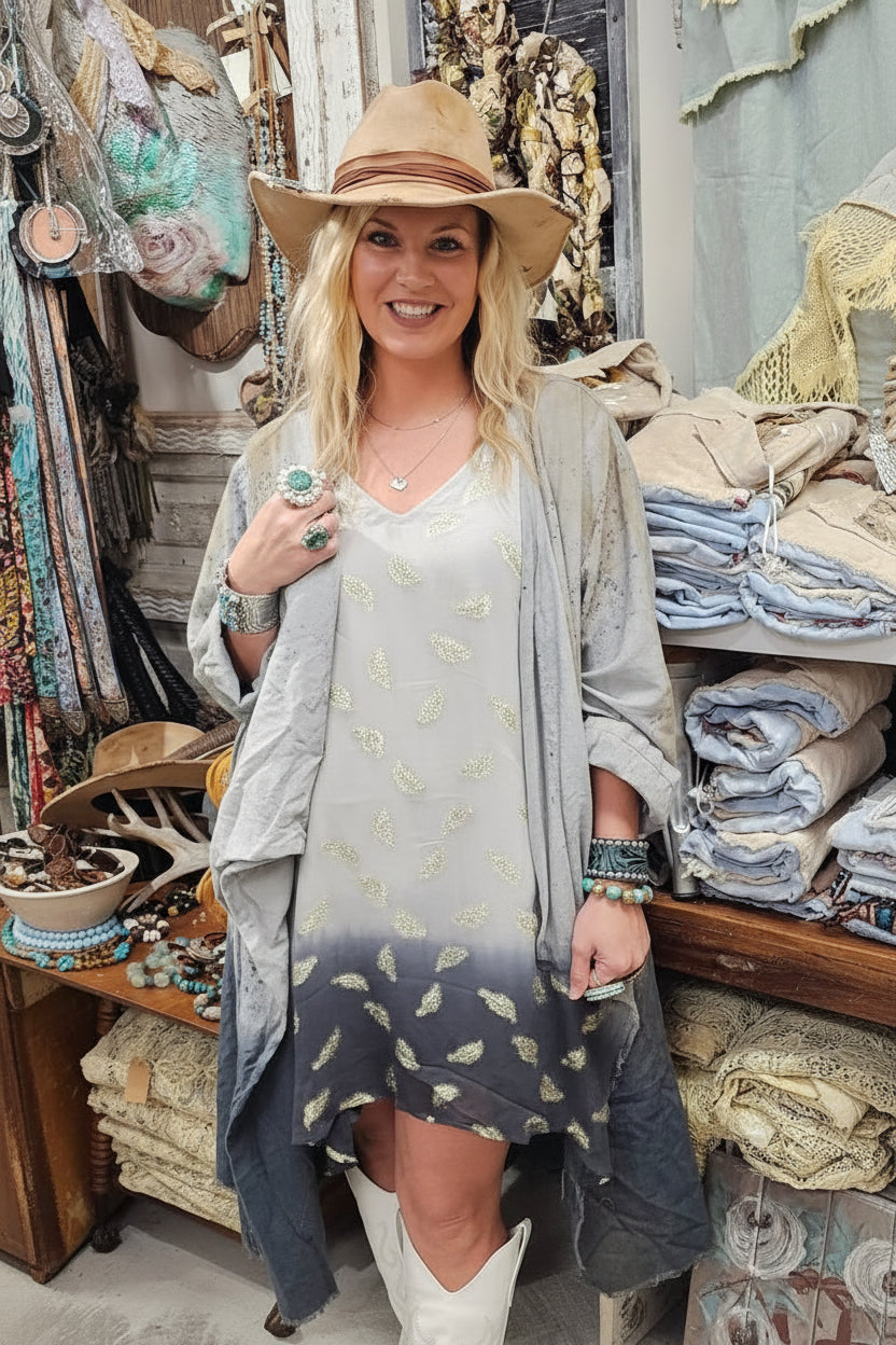 White & Black Ombre Tank / Dress with Gold Embroidered Feathers - A Rare Bird