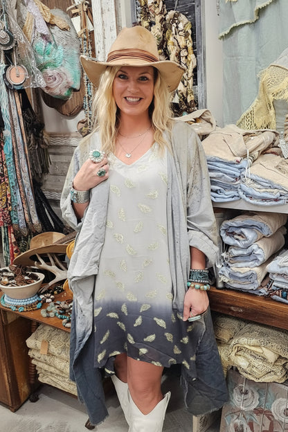 White & Black Ombre Tank / Dress with Gold Embroidered Feathers - A Rare Bird