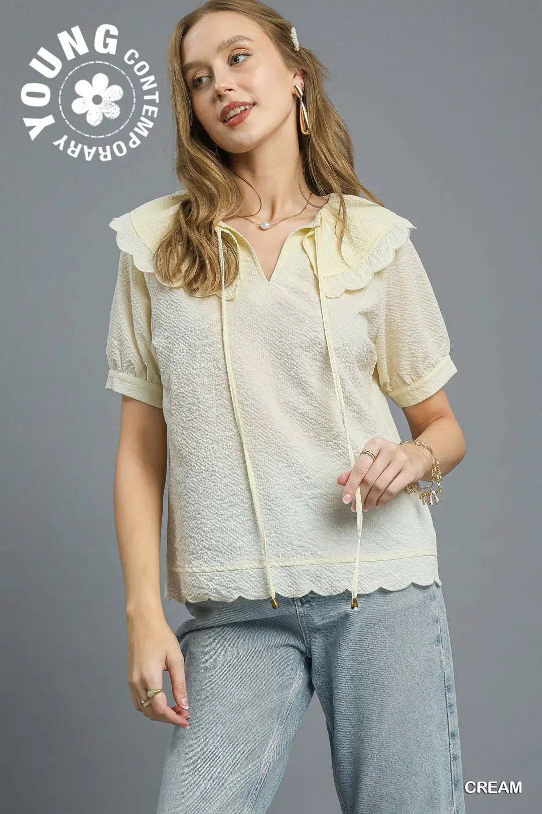Textured Scallop Edge Ruffle Collar Top - umGee USA