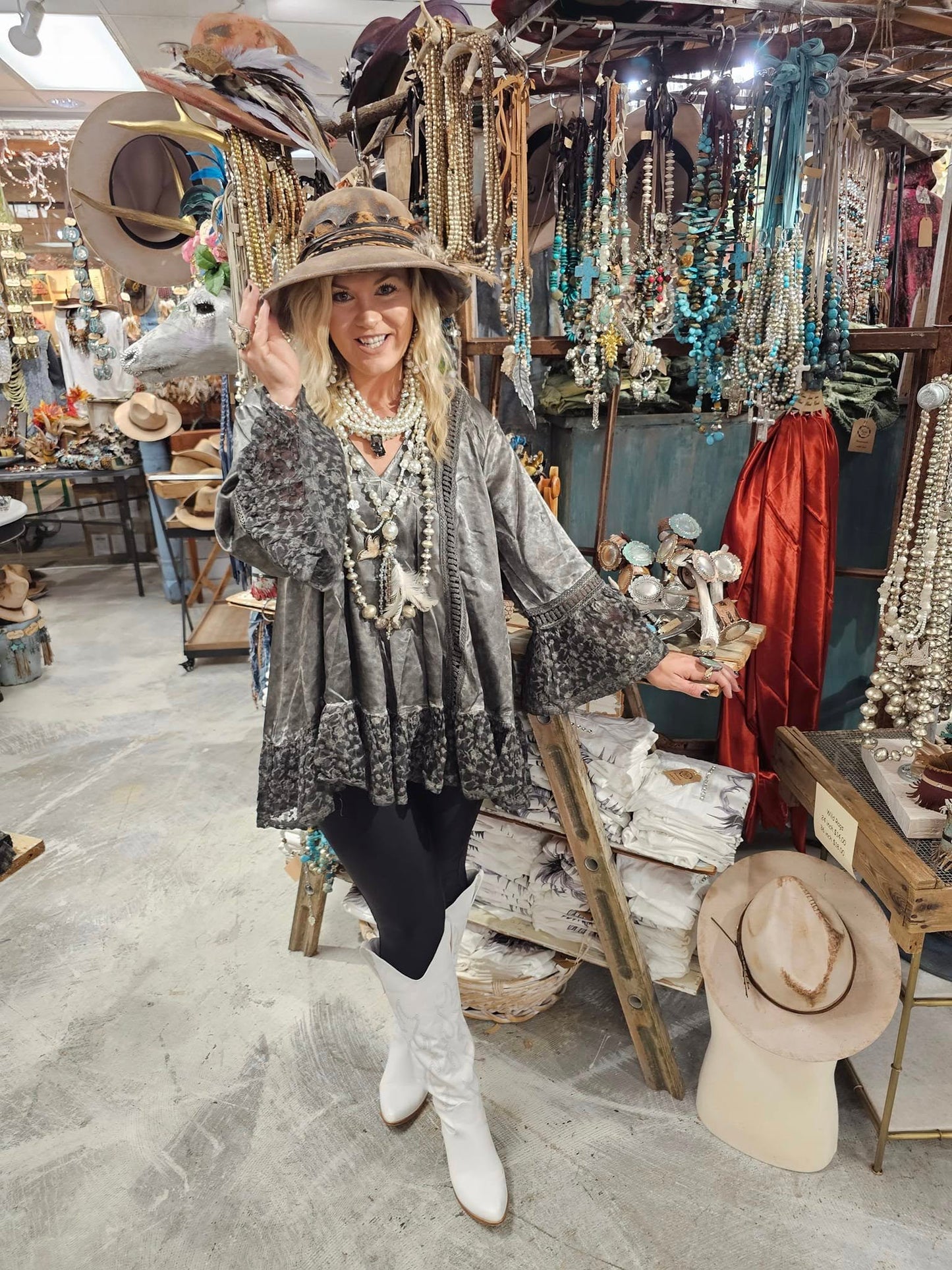 Grey Distressed Satin & Lace Tunic - A Rare Bird