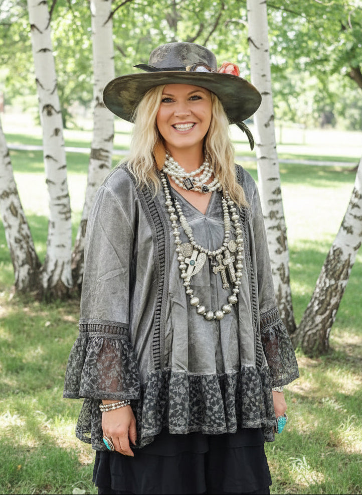 Grey Distressed Satin & Lace Tunic - A Rare Bird