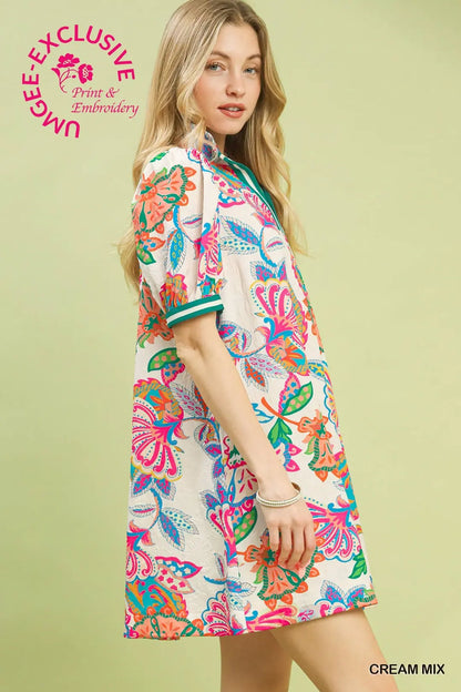Jacquard Paisley Print Puff Sleeve Tunic Dress, Cream - umGee USA