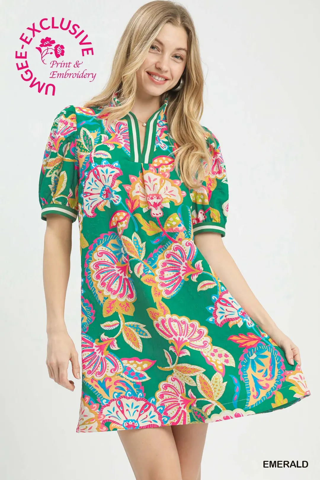 Jacquard Paisley Print Puff Sleeve Tunic Dress, Green - umGee USA