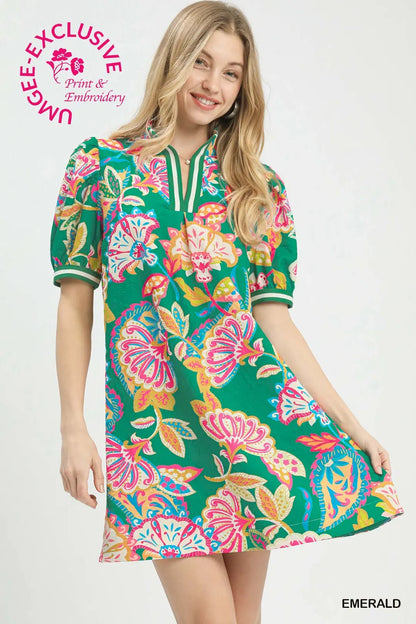Jacquard Paisley Print Puff Sleeve Tunic Dress, Green - umGee USA