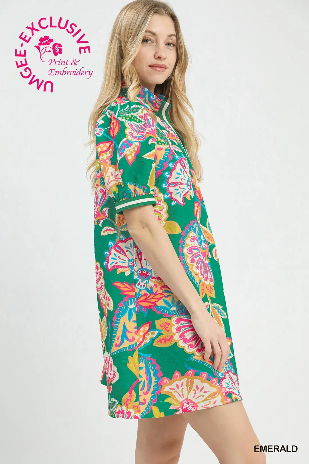 Jacquard Paisley Print Puff Sleeve Tunic Dress, Green - umGee USA