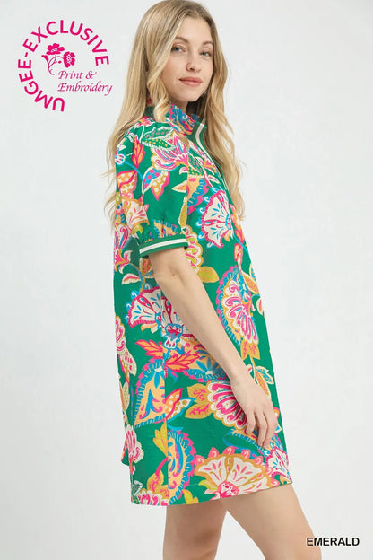 Jacquard Paisley Print Puff Sleeve Tunic Dress, Green - umGee USA