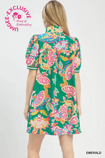 Jacquard Paisley Print Puff Sleeve Tunic Dress, Green - umGee USA