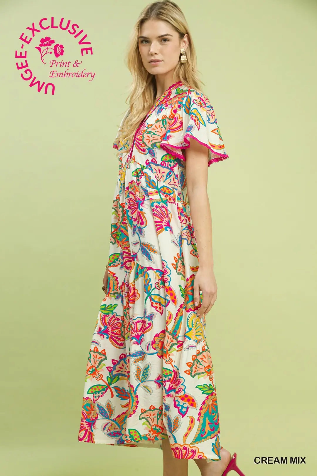 Mix Boho Floral Tiered Midi Dress, Cream - umGee USA