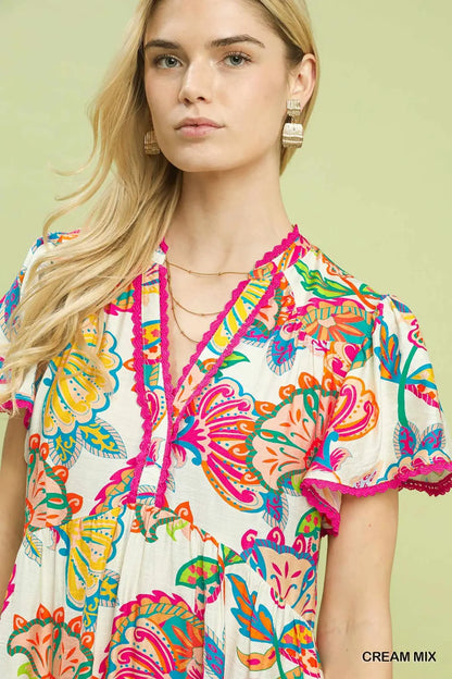 Mix Boho Floral Tiered Midi Dress, Cream - umGee USA
