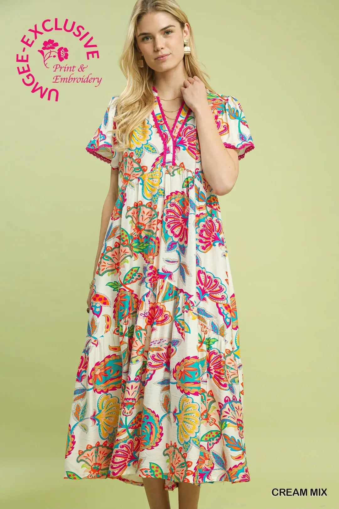 Mix Boho Floral Tiered Midi Dress, Cream - umGee USA