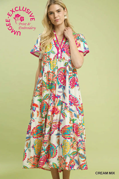 Mix Boho Floral Tiered Midi Dress, Cream - umGee USA