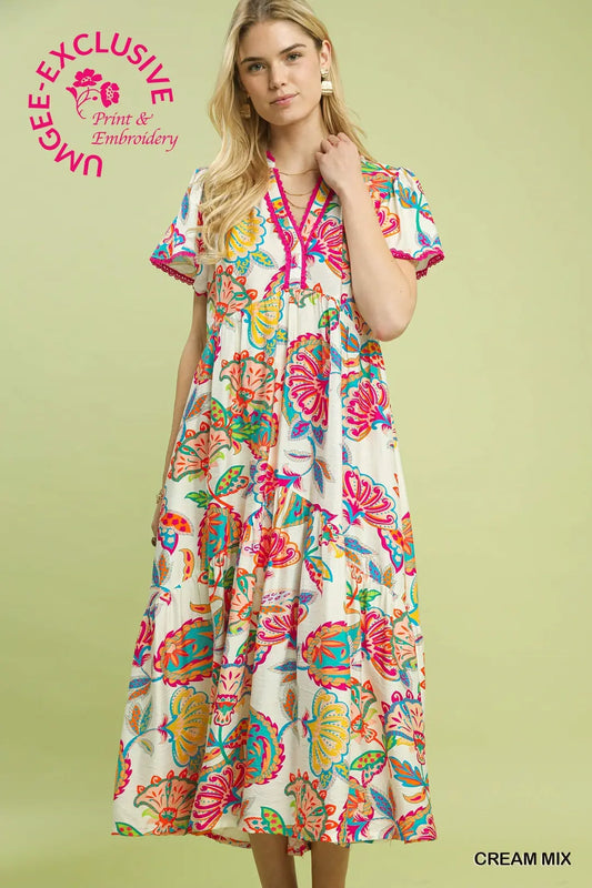 Mix Boho Floral Tiered Midi Dress, Cream - umGee USA