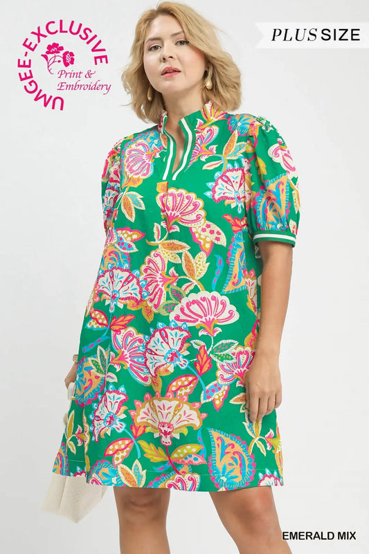 Jacquard Paisley Print Puff Sleeve Tunic Dress (Plus) - umGee USA