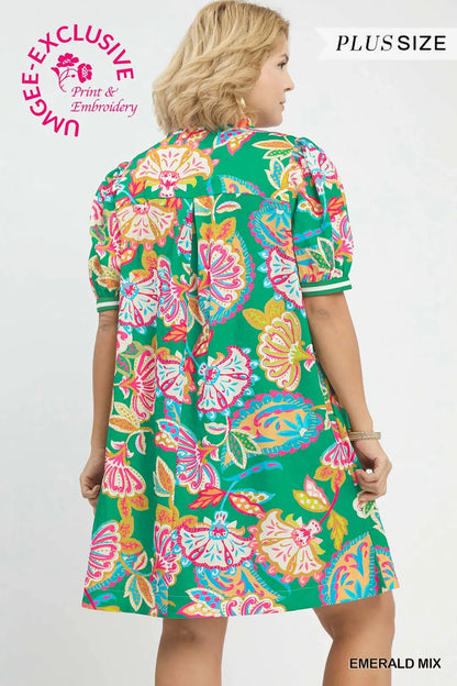 Jacquard Paisley Print Puff Sleeve Tunic Dress (Plus) - umGee USA