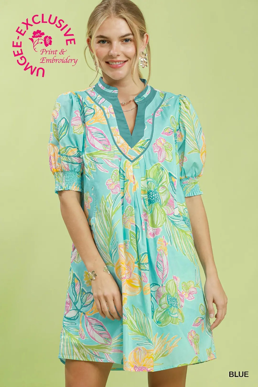 Blue Botanical Print Dress - umGee USA