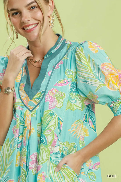 Blue Botanical Print Dress - umGee USA