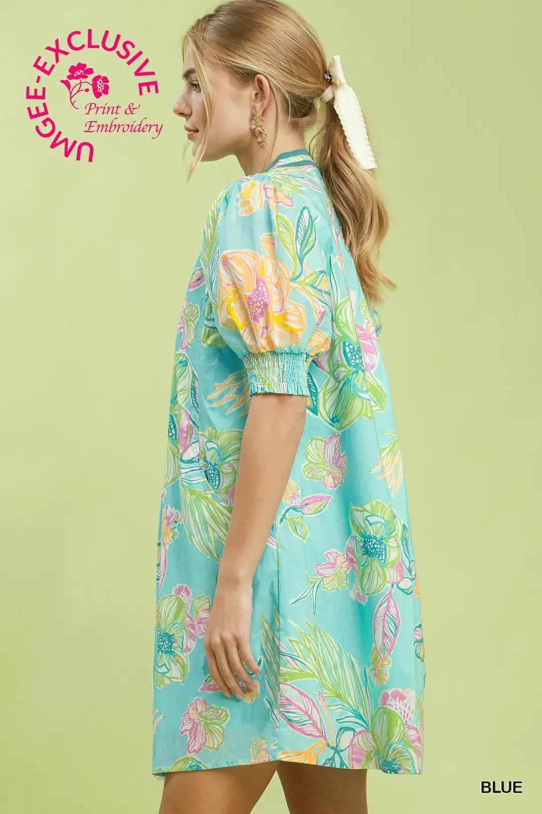 Blue Botanical Print Dress - umGee USA