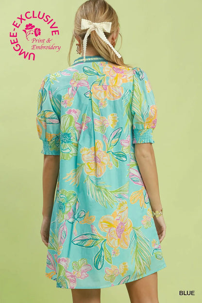 Blue Botanical Print Dress - umGee USA