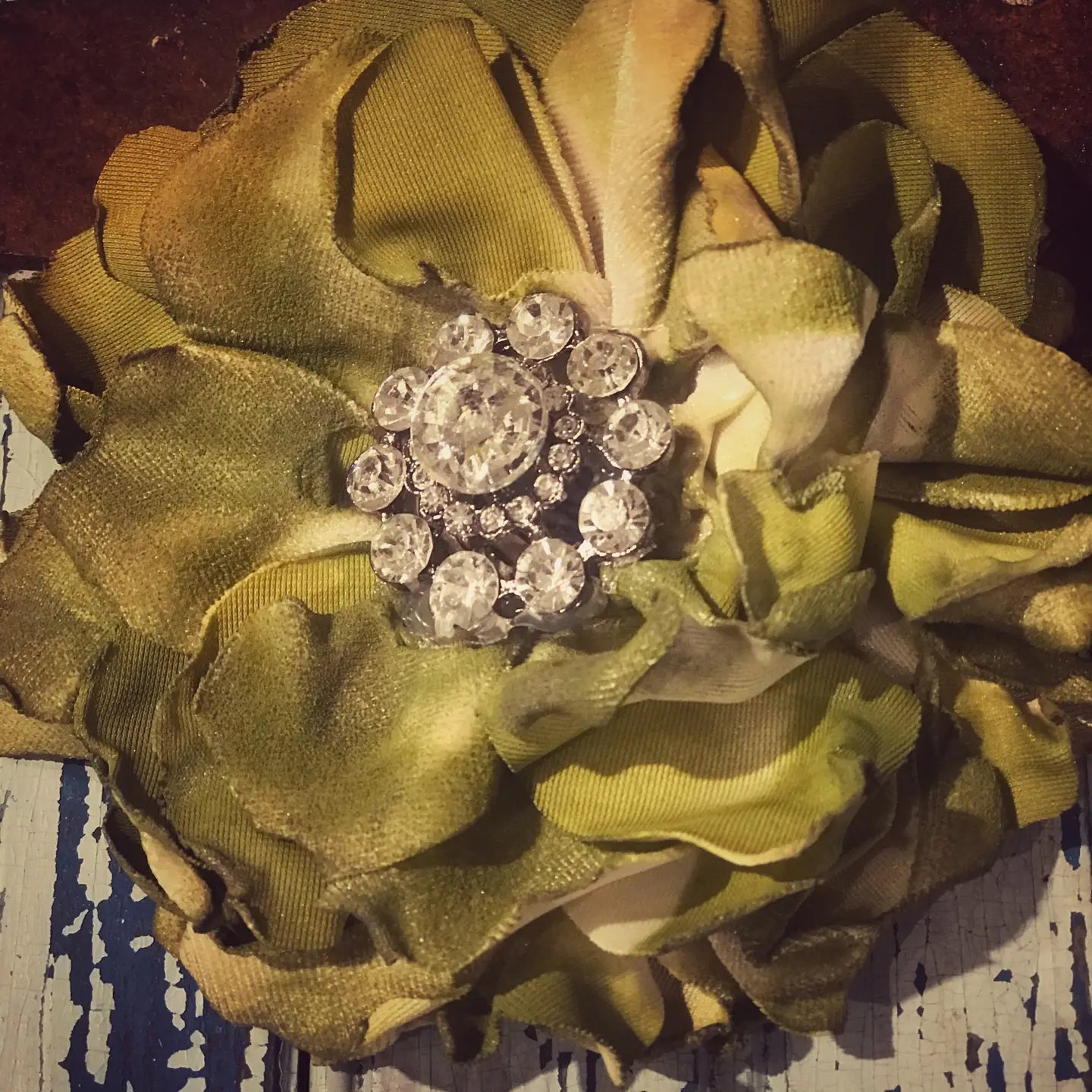 Fabric Hand-cut Floral & Feather Brooch - Olive