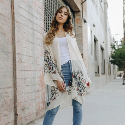 Floral Embroidered Kimono - Ivory